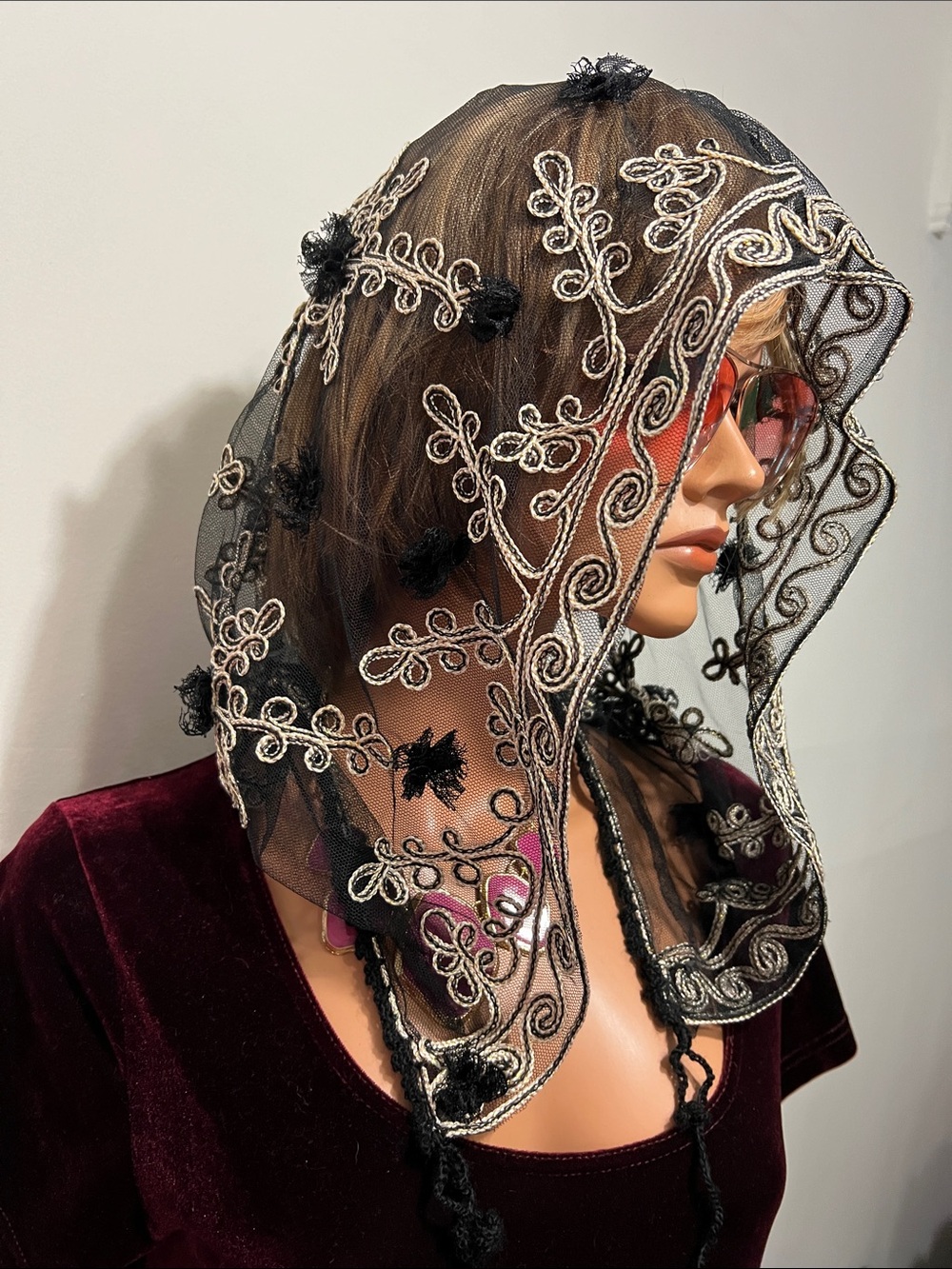 Black Embroidered Mesh Hood Mantilla Veil French style Hood Wrap